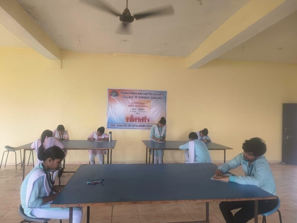 Students are writing essay on anti-ragging week celebration at PKA college of nursing 