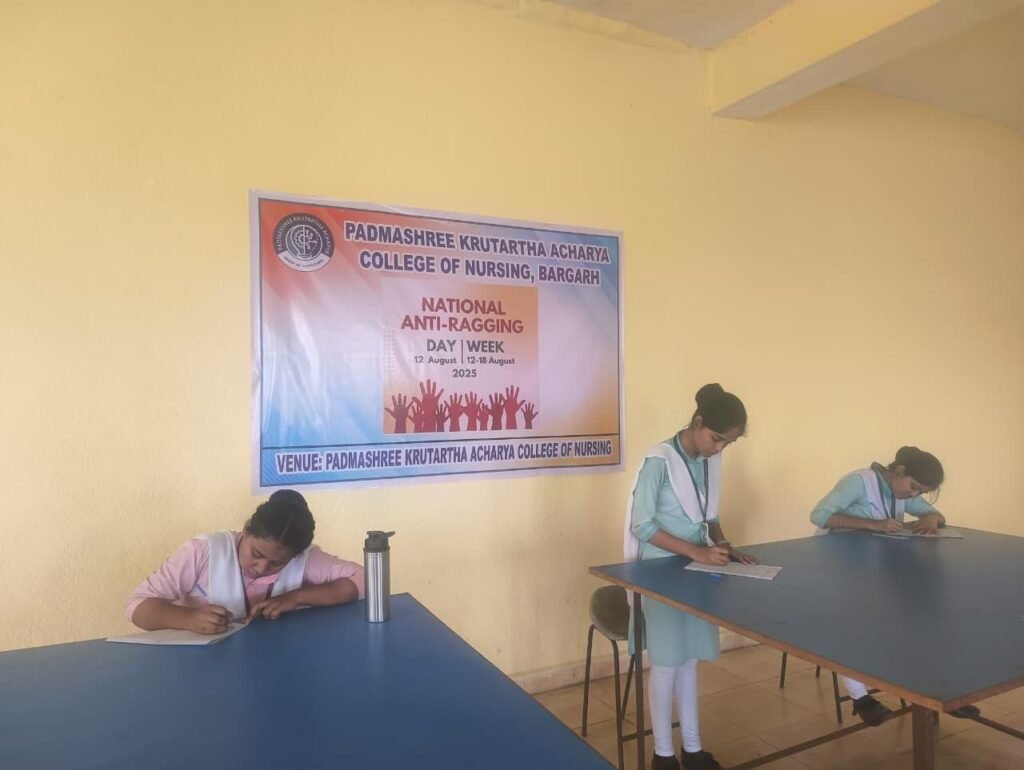 Students are writing essay on anti-ragging week celebration at PKA college of nursing 